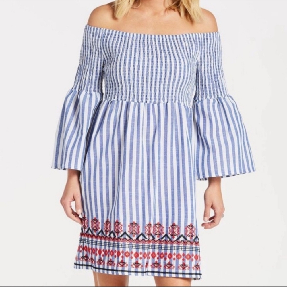 Evereve Braeve Embroidered Smocked Striped Bell Sleeve Off Shoulder Mini Dress M